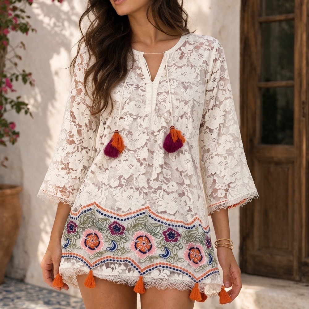 Antonio Melani Ivory Floral Lace Tunic Top Boho Embroidered Tassel Hem Womens c1